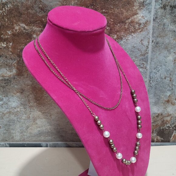 Two Strand Layered Chain and Bead Necklace - Picture 4 of 11
